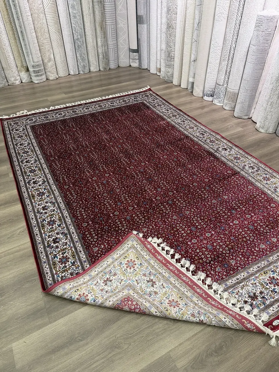 Thumbnail: 7x10 ft  Pure Silk Rug- Red -Hand Knotted Fringe