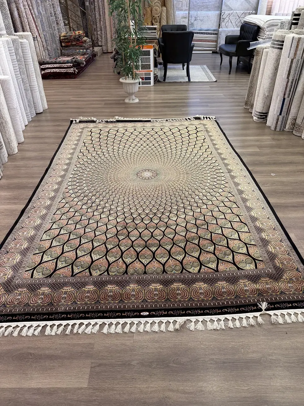 Thumbnail: 7x10 Black Gold Rug- raditional Handmade fringe