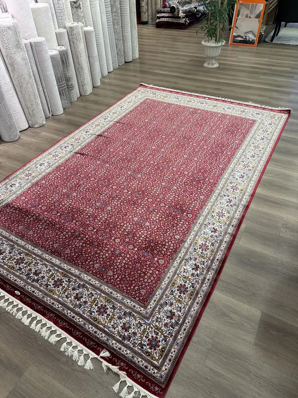 Thumbnail: 7x10 ft  Pure Silk Rug- Red -Hand Knotted Fringe
