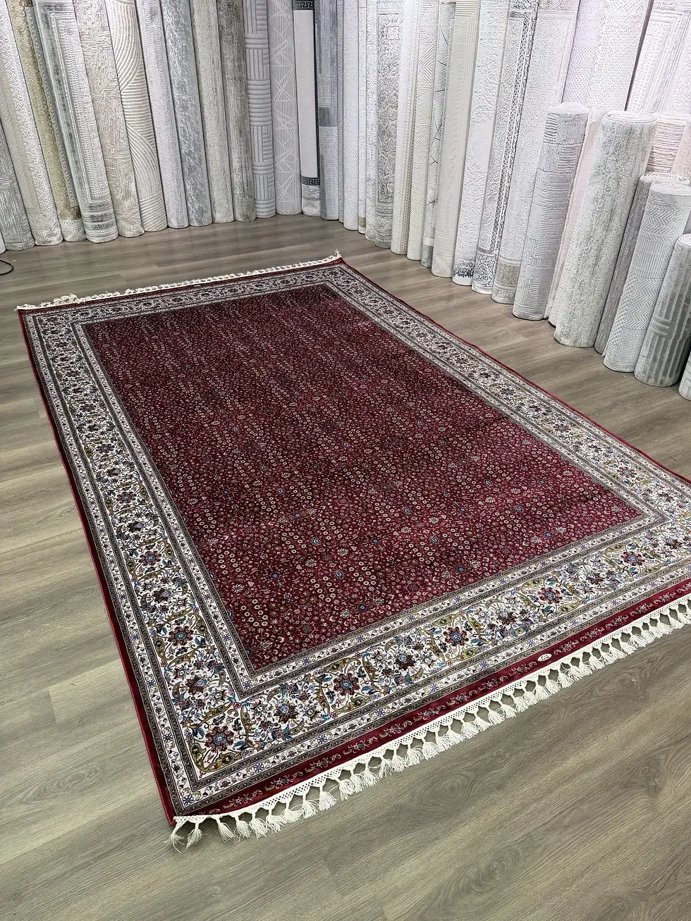 Thumbnail: 7x10 ft  Pure Silk Rug- Red -Hand Knotted Fringe
