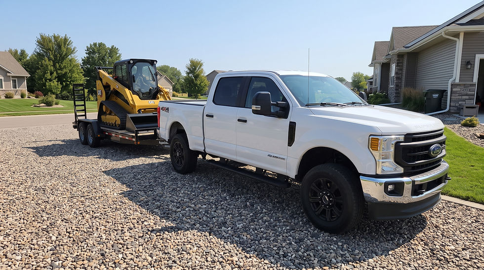 Pickup towing a skid steer on an equipment trailer.