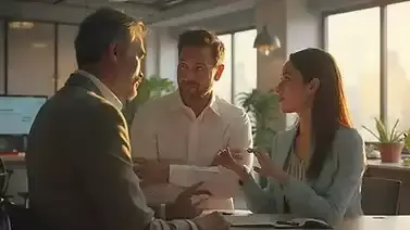 Trois personnes discutant sérieusement dans un bureau moderne