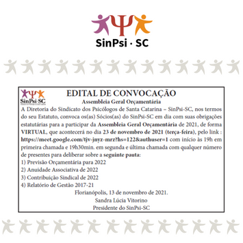 SINPSI-SC convoca assembleia orçamentária para 23/11 