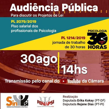 Piso e jornada de 30 horas para psicólogas/os em debate na Câmara Federal nesta segunda (30/08)