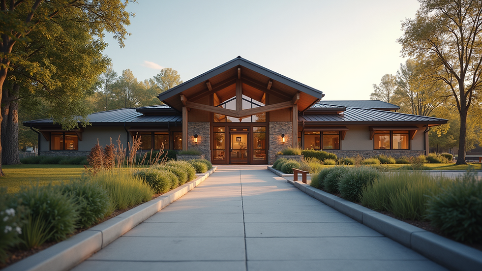 Eye-level view of a community center with a welcoming entrance