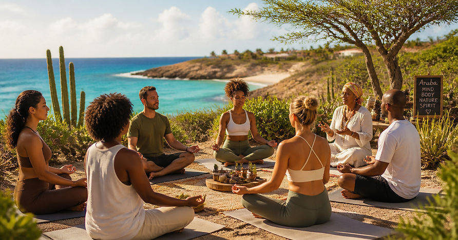 Group relaxing on the beach in Aruba