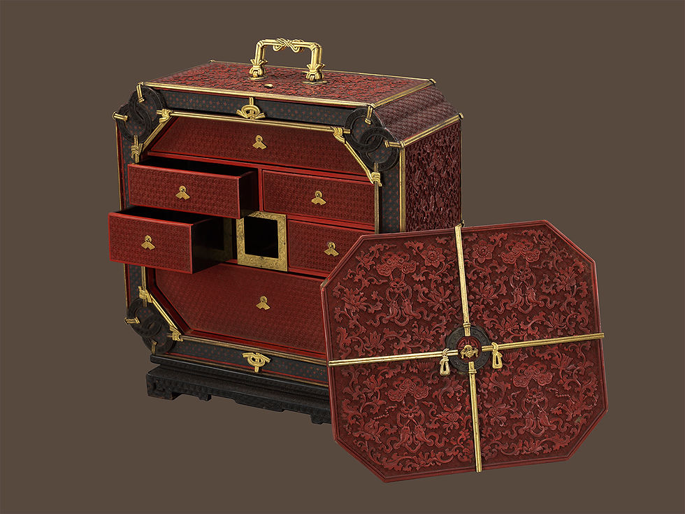 剔紅「吉慶有餘」紋提匣 清 乾隆(1736 – 1795) 漆 高 37 厘米 米 深 15 厘米 曾在齋藏品