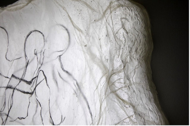 Kajin Kim, Entering the Interstice I (detail cut), Image transfer on paper, PVA glue, resin, LED lig