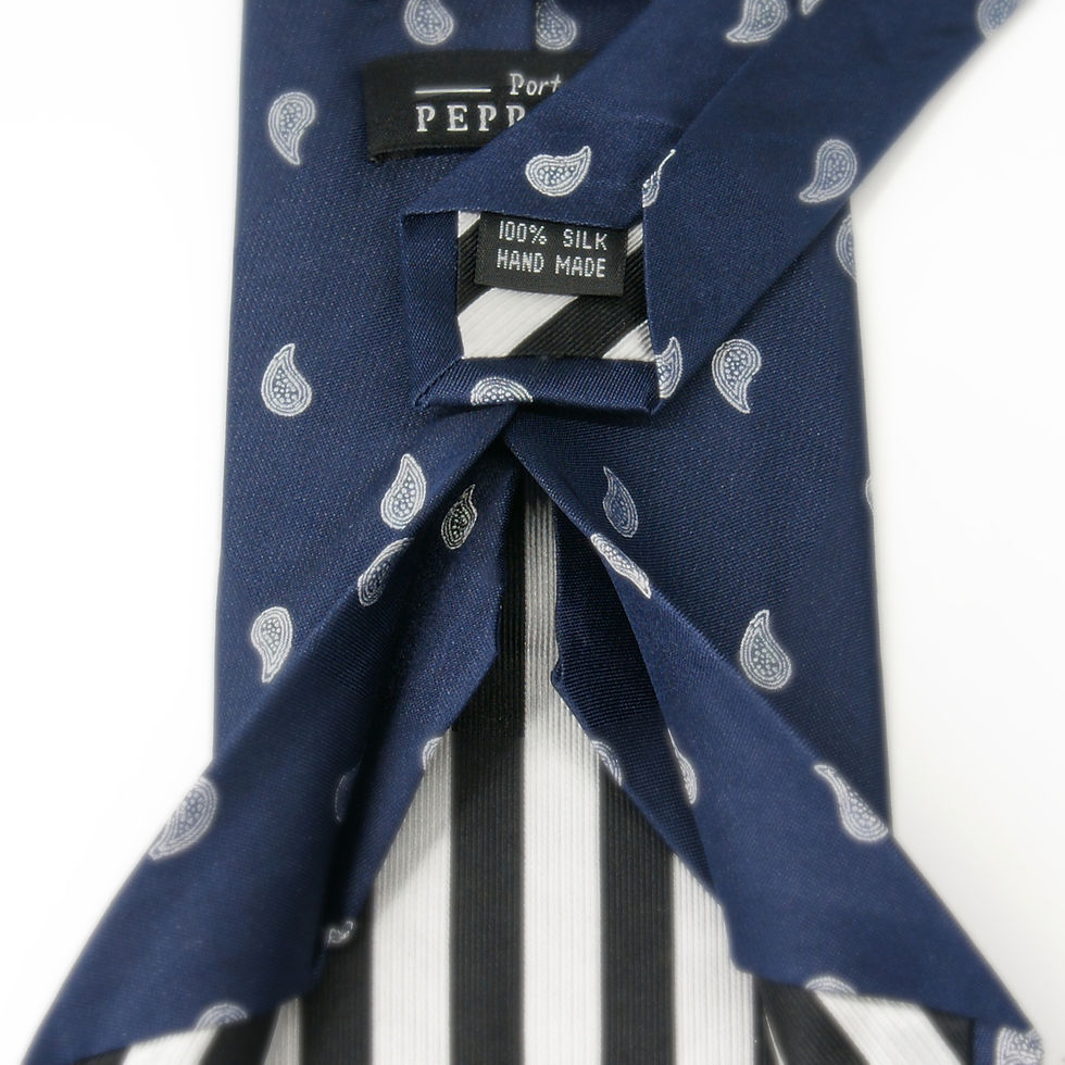 Thumbnail: open folds of navy and white paisley Mulberry Silk Seven Fold Tie