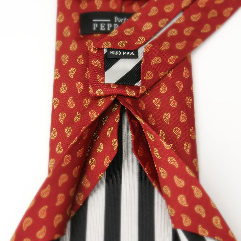 Thumbnail: open folds of red and gold paisley spot Mulberry Silk Seven Fold Tie