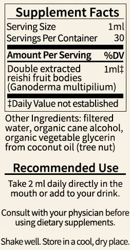 Supplement facts for Reishi mushroom double-extracted tincture for stress relief, immunity and sleep