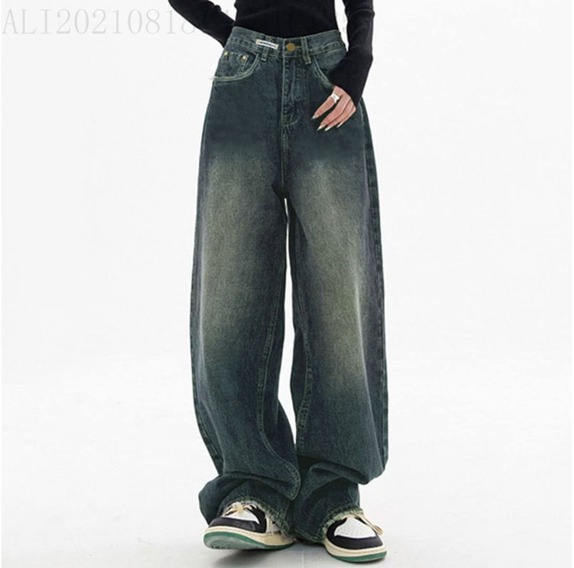 Jeans Full Length Denim Pants Women Wide Leg Jean High Waist Zipper Fly Washed L
