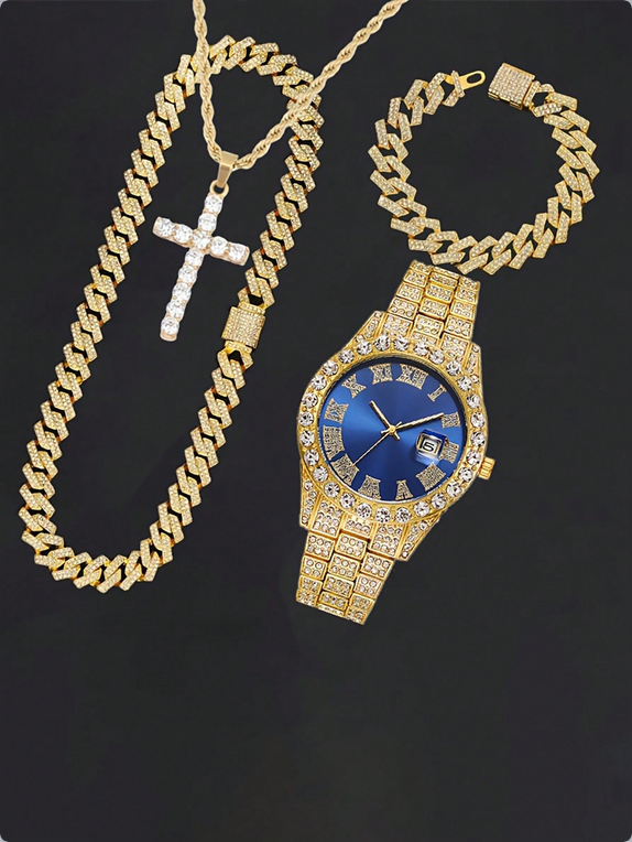 Miniatura: 16mm Hip Hop Miami Cuban Link Chain Set Necklace +Watch+Bracelet Creative Iced O