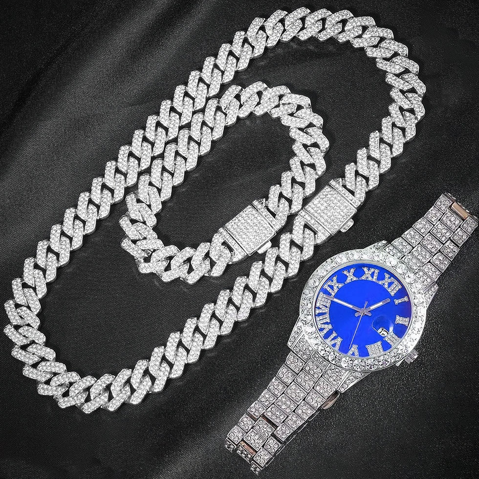 Miniatura: 3pcs Cuban Chain Watch for Men Hip Hop Miami Curb Iced Out Paved Rhinestones Rap