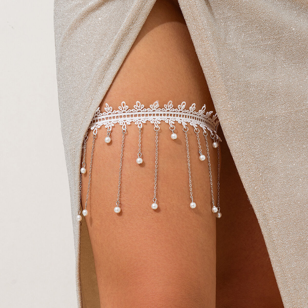 SHIXIN Sexy Elegant White Lace Elastic Thigh Leg Chain for Women Vintage Imitati