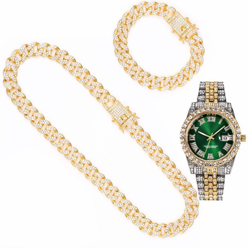 Miniatura: Necklace +Watch+Bracelet Hip Hop Miami Curb Cuban Chain Gold Iced Out Paved Rhin