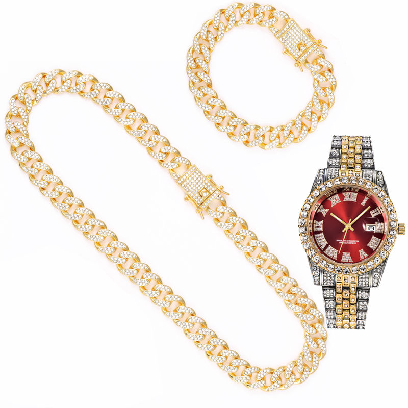 Miniatura: Necklace +Watch+Bracelet Hip Hop Miami Curb Cuban Chain Gold Iced Out Paved Rhin