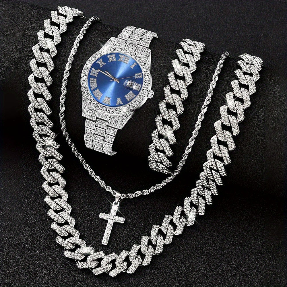 16mm Hip Hop Miami Cuban Link Chain Set Necklace +Watch+Bracelet Creative Iced O