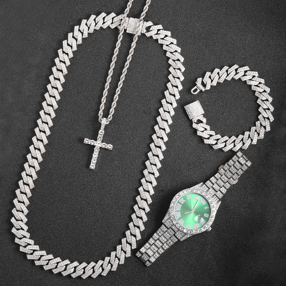 Miniatura: 16mm Hip Hop Miami Cuban Link Chain Set Necklace +Watch+Bracelet Creative Iced O