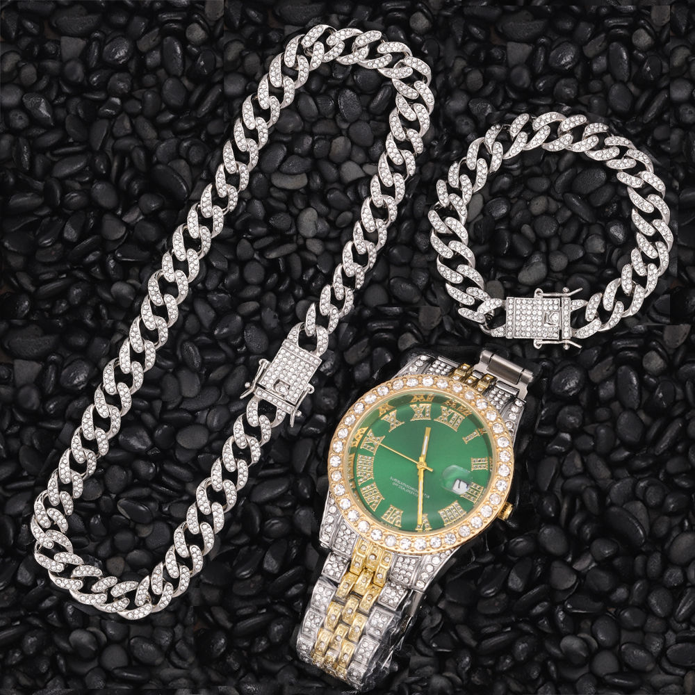 Necklace +Watch+Bracelet Hip Hop Miami Curb Cuban Chain Gold Iced Out Paved Rhin