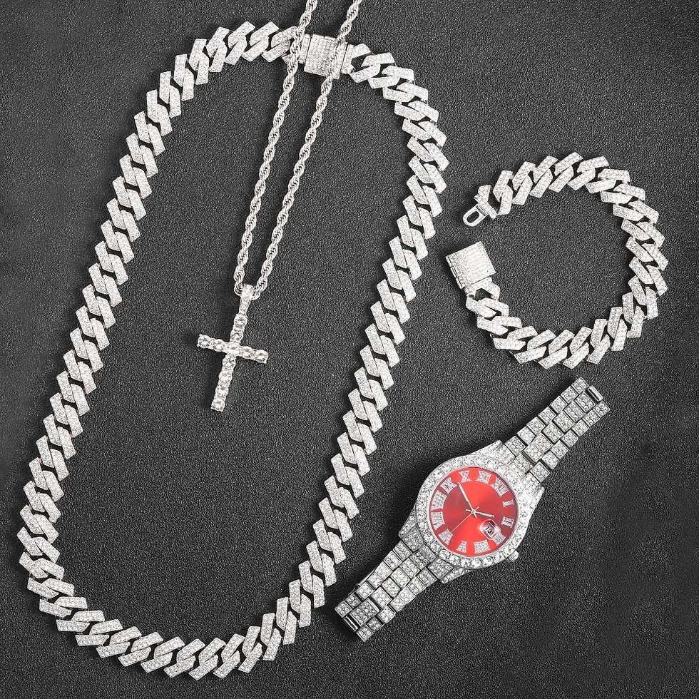 Miniatura: 16mm Hip Hop Miami Cuban Link Chain Set Necklace +Watch+Bracelet Creative Iced O