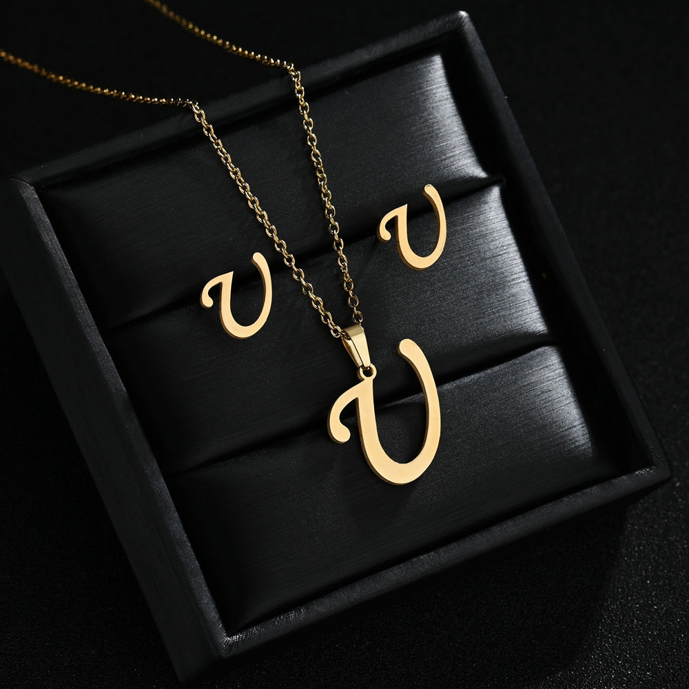 Stainless Steel 26 Letters Initial Women Alphabet Pendants Necklaces Earring Jew