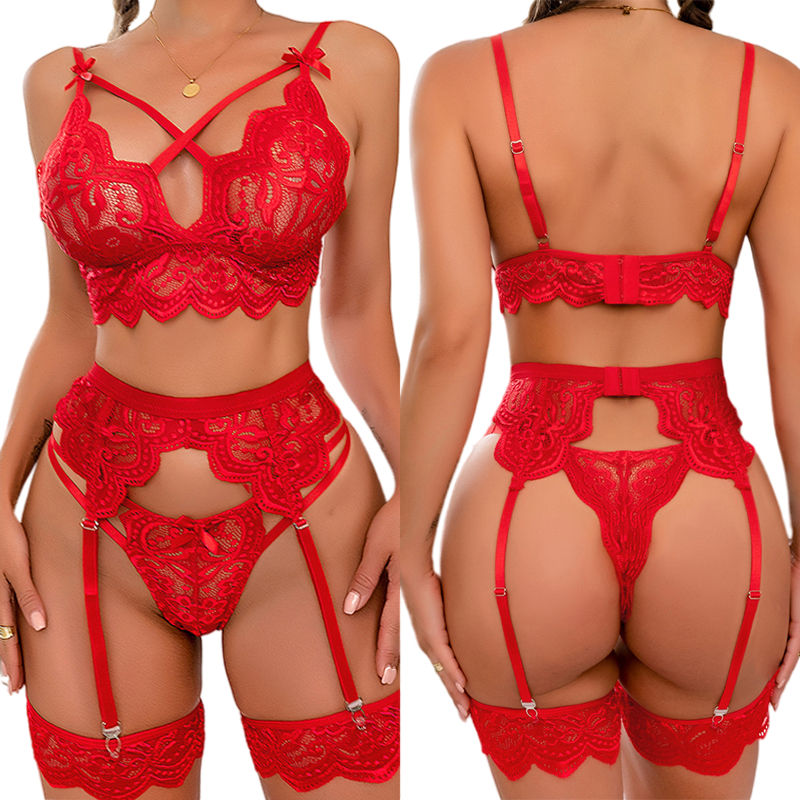 Summer Hot Erotic Lingerie Women Bra And Panty Garters 3 Piece Transparent Sexy