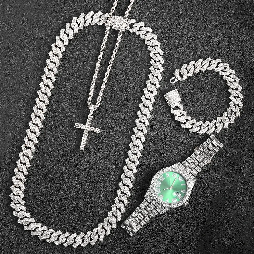 Miniatura: 16mm Hip Hop Miami Cuban Link Chain Set Necklace +Watch+Bracelet Creative Iced O