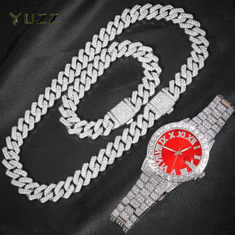 3pcs Cuban Chain Watch for Men Hip Hop Miami Curb Iced Out Paved Rhinestones Rap