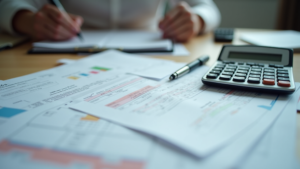 Eye-level view of organized tax documents and calculator on a desk