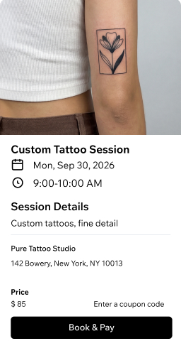 Booking page for a custom tattoo session at Pure Tattoo Studio showing a floral arm tattoo, scheduled for Mon Sep 30 2026, priced at $85 with a Book and Pay button