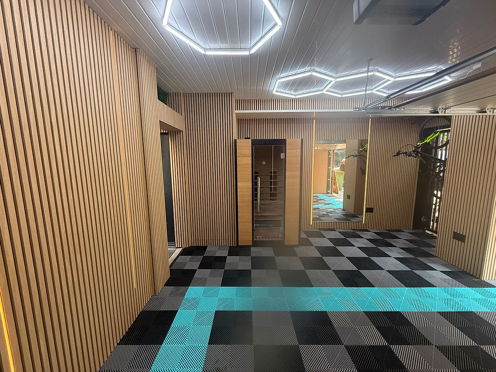 Luxury Home Wellbeing and Wellness Space with Infrared Sauna. Designed by The Modern Garage Company