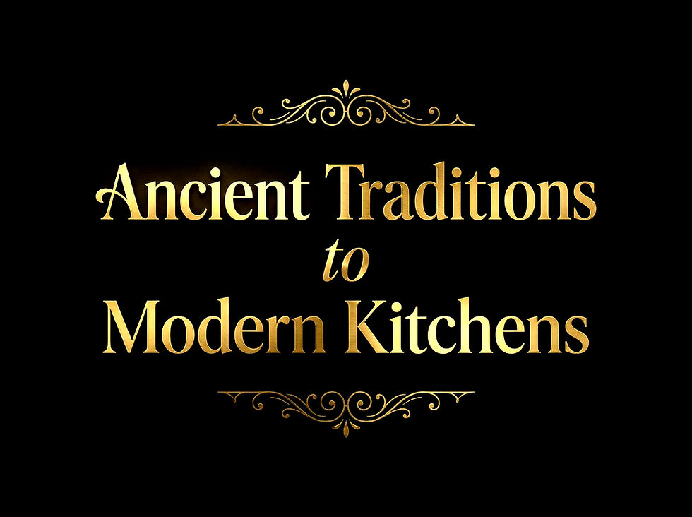 Firefly_Gemini Flash_black background, text in GOLD - Ancient Traditions to Modern Kitchen