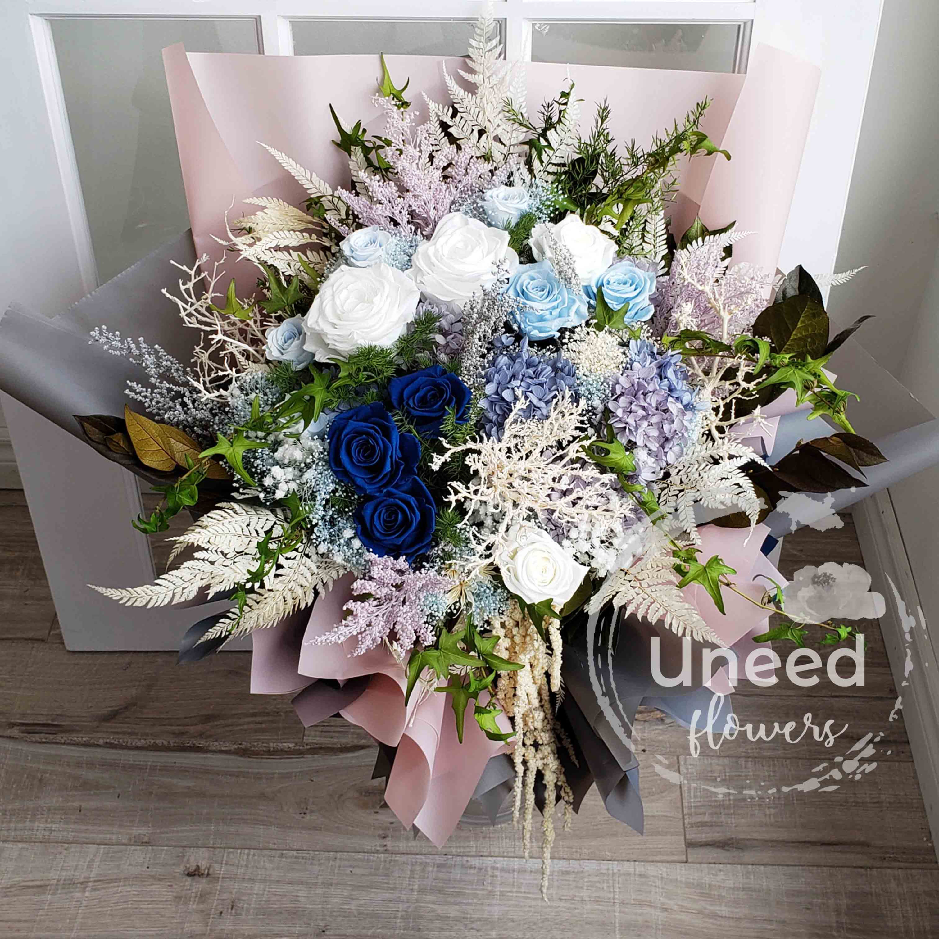 Lux preserved flower bouquet with eternal blue roses