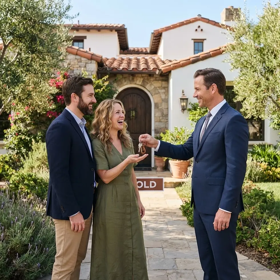 Real estate photography of a couple receiving keys from an agent. They are in front of their newly purchased home, indicated by a 'SOLD' sign.