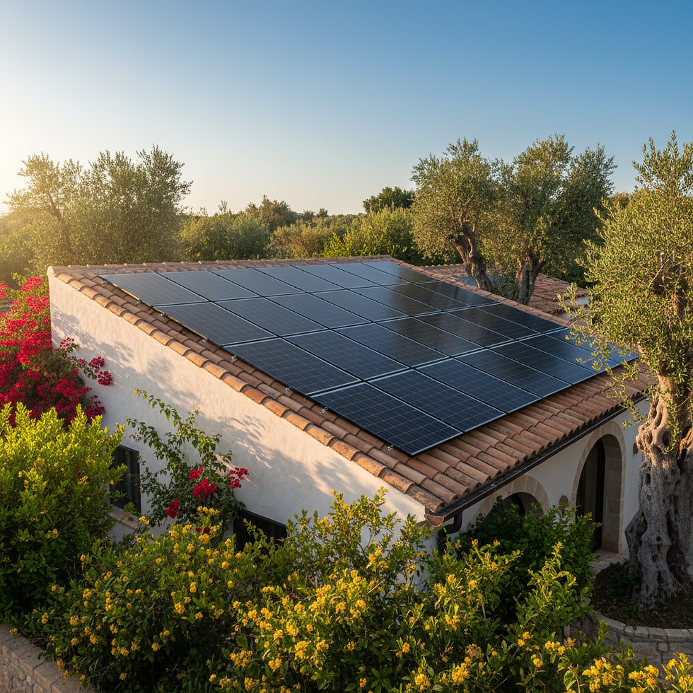 Hausdach mit Photovoltaikanlage in sonniger Umgebung