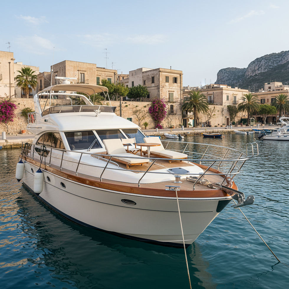 Luxusyacht im Hafen vor mediterraner Küstenstadt