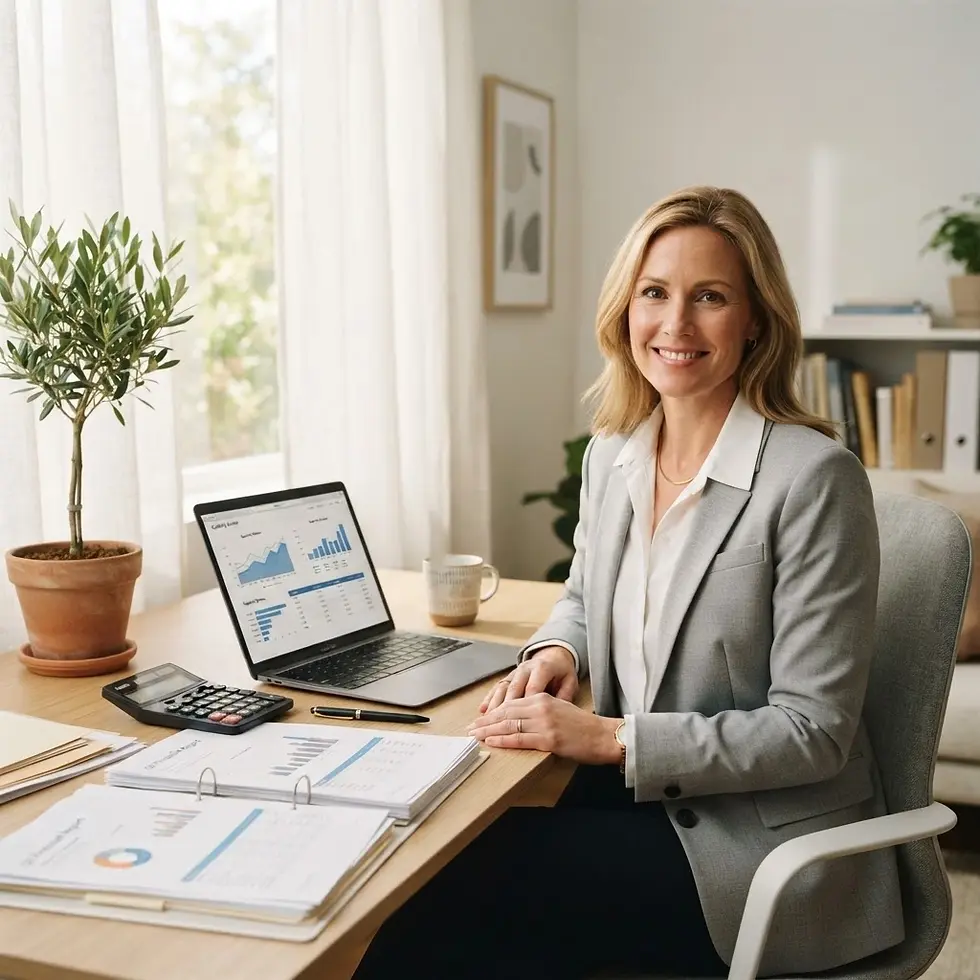 Studio photography of a professional woman smiling at her home office desk. She is seated with a laptop and financial documents, conveying productivity and organization.