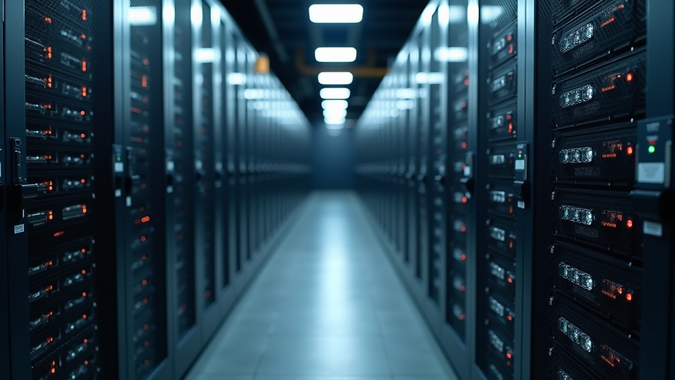 Eye-level view of a modern data center with servers