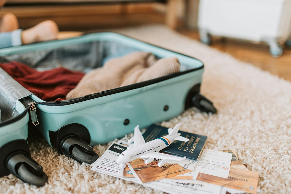 A Suitcase with luggage and passports.
Photo by Vlada Karpovich: https://www.pexels.com/photo/black-and-green-luggage-bag-on-brown-carpet-7368191/