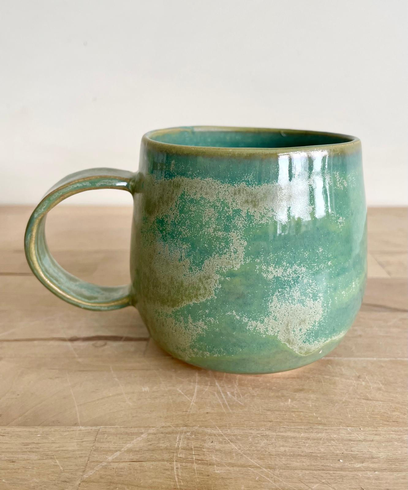 Large Green Tea wheel thrown mug - round handle