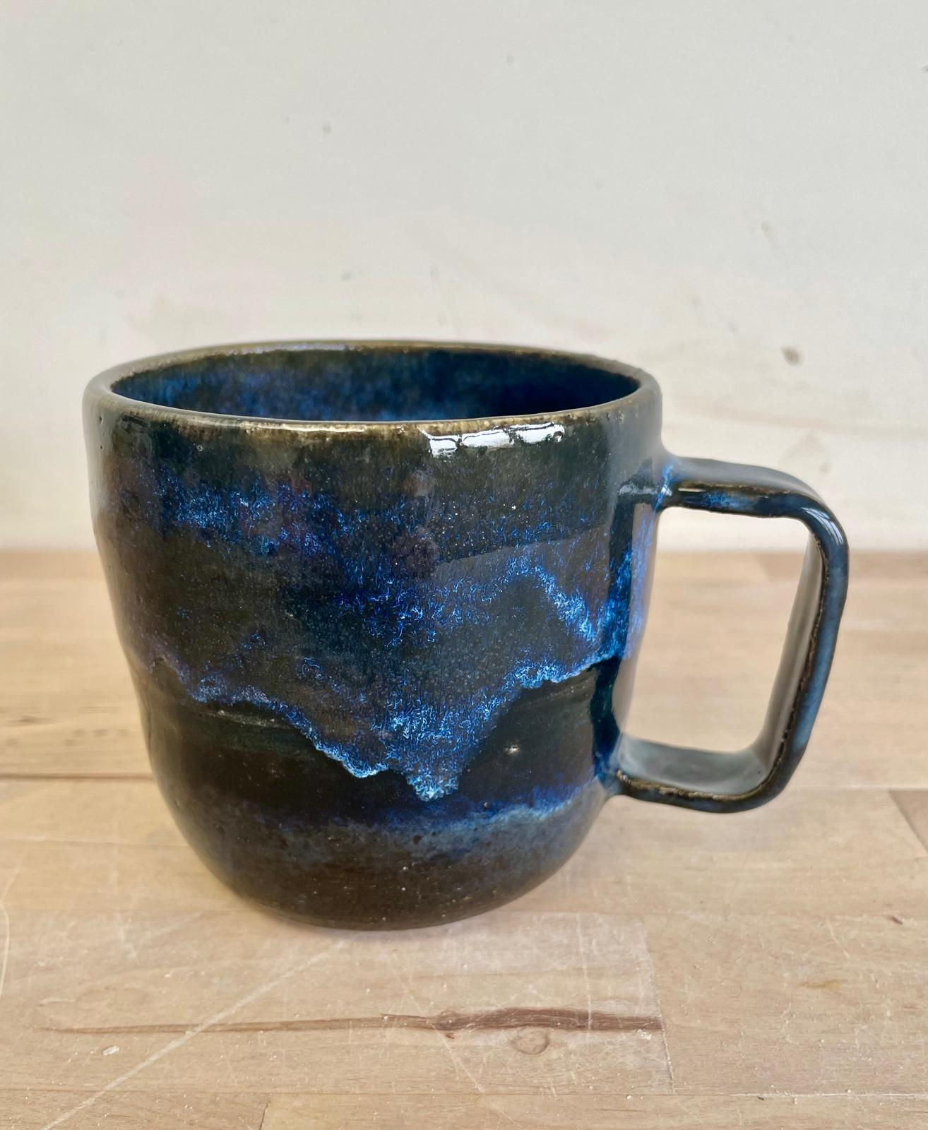 Large Dark Moonlight wheel thrown mug - square handle