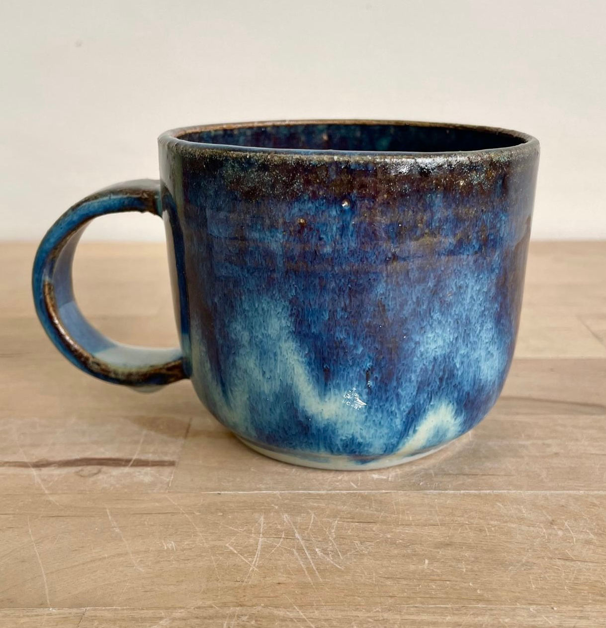 Medium Cloudy Blue wheel thrown mug - round handle