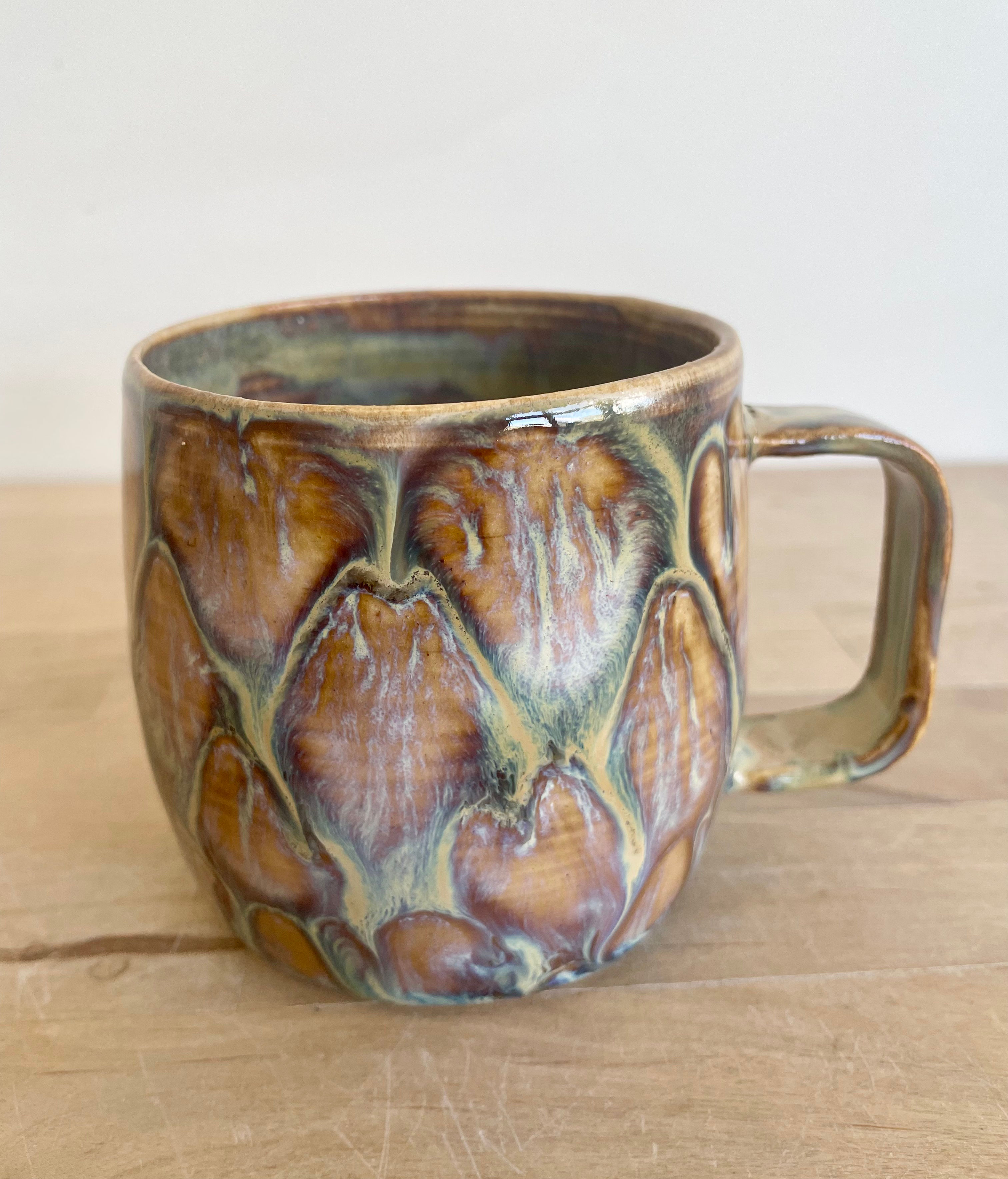 Large Golden Bloom wheel thrown mug - square handle