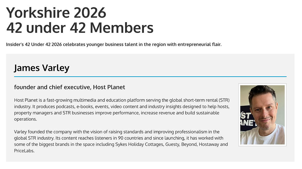 James Varley, Founder of Host Planet, is named as one of Yorkshire's 42 Under 42, which celebrates younger business talent with entrepreneurial flair.