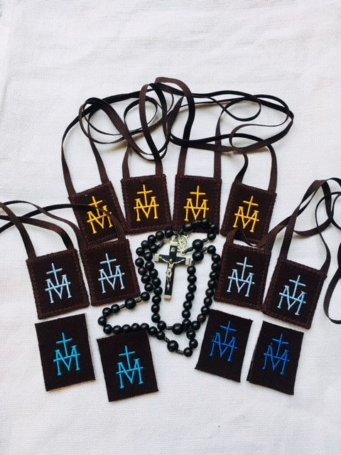 Thumbnail: Mantle Of Mary® Brown Wool Scapular with Embroidered Cross