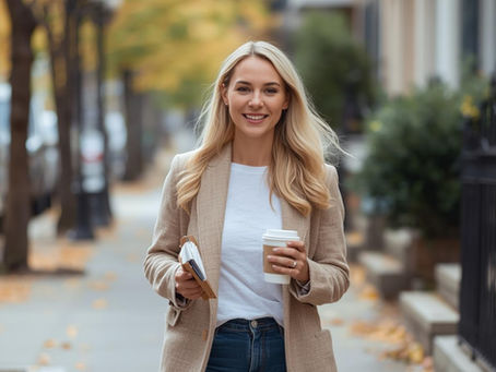 Mulher adulta a caminhar por um caminho tranquilo, sorrindo de forma descontraída, segurando uma caneca de café fumegante. Um gato curioso observa-a de lado com ar divertido, adicionando humor subtil. Folhas caem suavemente e o vento mexe ligeiramente no cabelo ou cachecol, sugerindo movimento e leveza. Luz dourada suave, cores quentes de outono, ambiente acolhedor e humano. Estilo realista com toque artístico, transmitindo leveza, resiliência e humor subtil, sem dramatismo. Ideal para o blogue Dor com Humor e posts de Instagram ou miniaturas, criando sensação de proximidade e cumplicidade com o leitor.