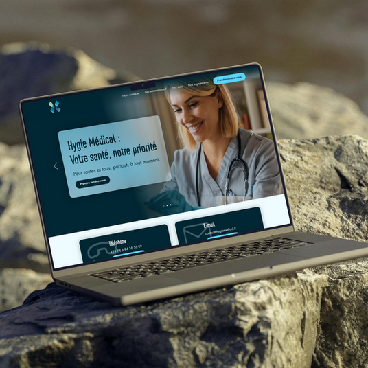 Site web Hygie Médical mis en avant dans un mockup de Macbook pro.