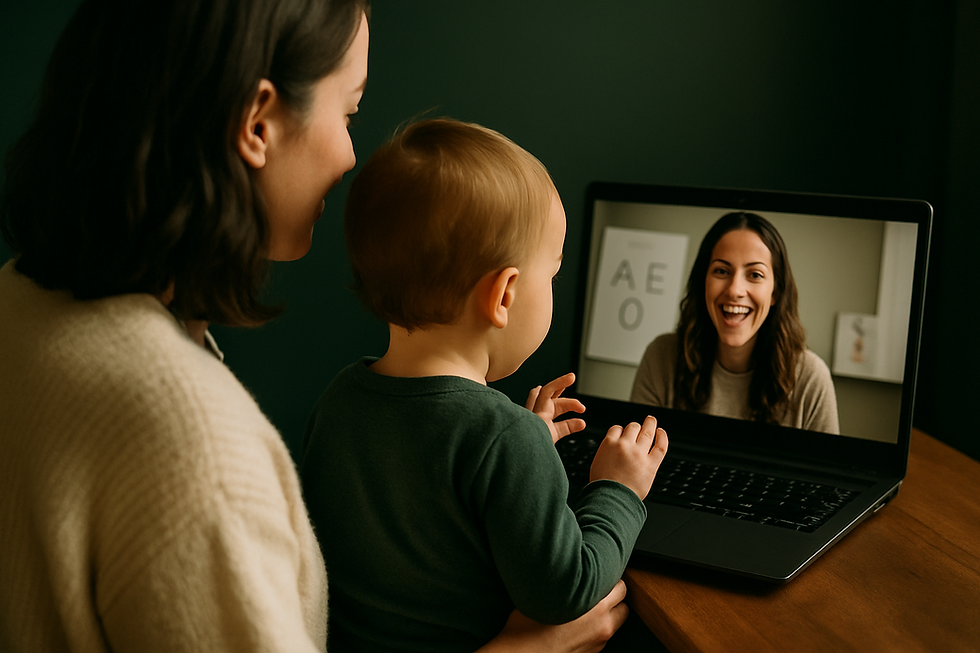 Over-the-shoulder view of a parent and toddler on a video therapy call with the therapist on screen during from assessment to