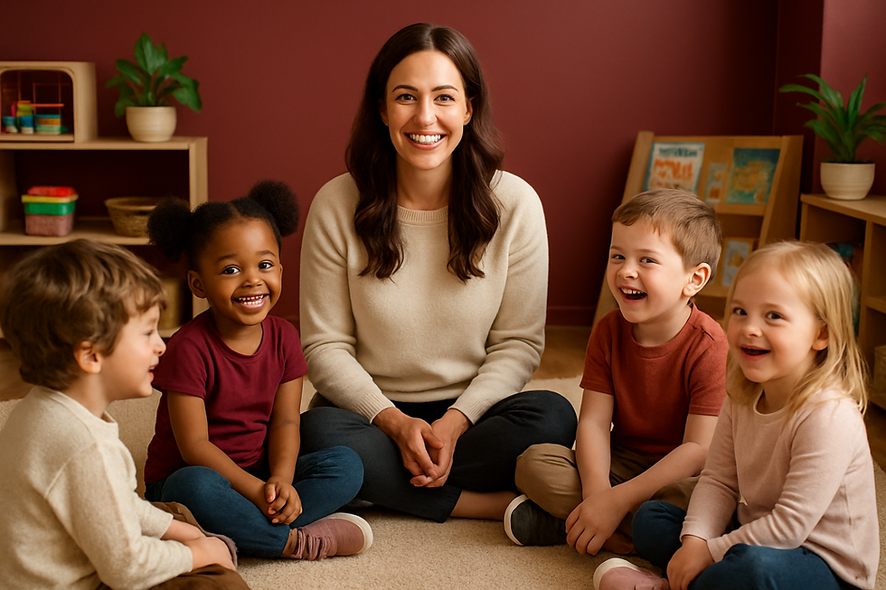 Cheerful small group of preschoolers seated in a semicircle with a smiling teacher during can i book a single speech therapy